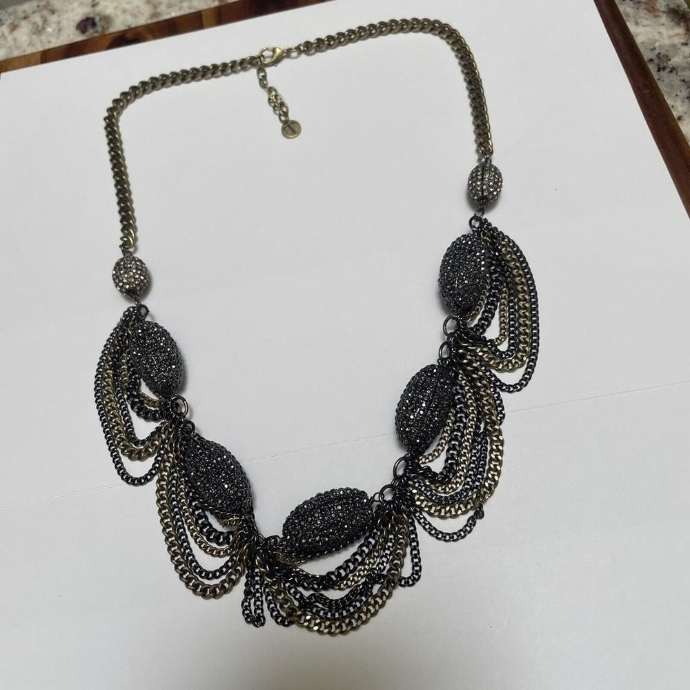 Signed T - Talbots Statement Beaded Costume Necklace Brass & Gunmetal Tone